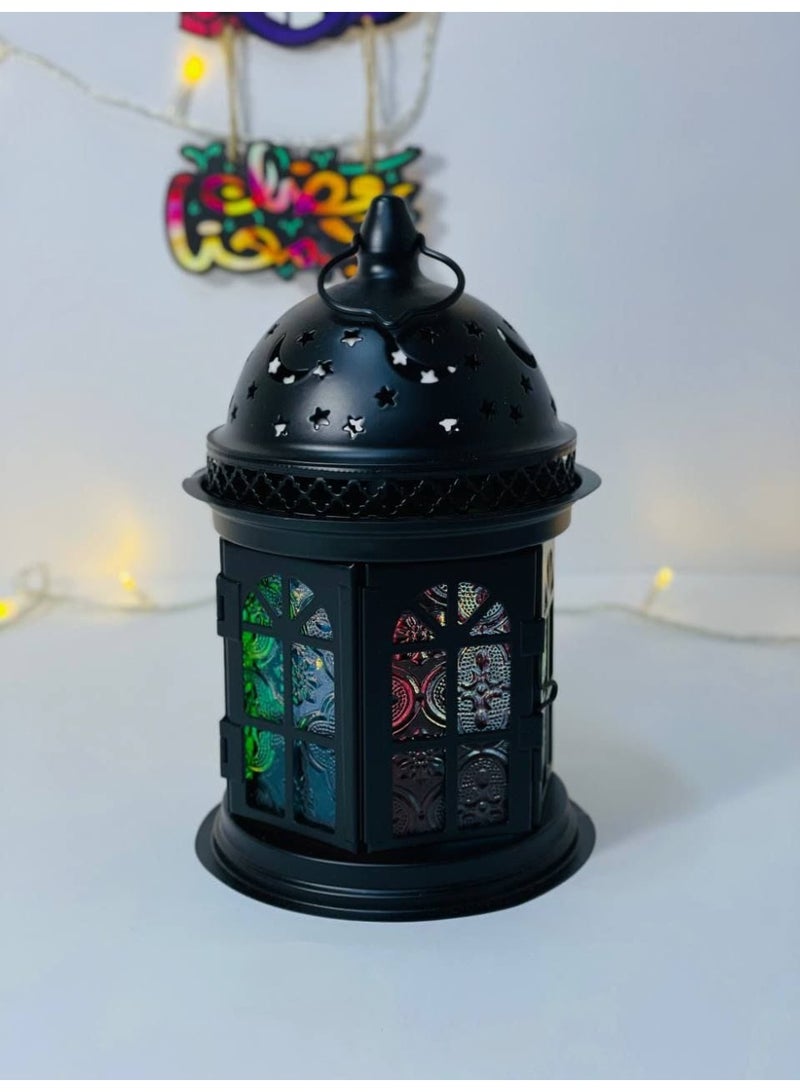 Metal Ramadan lantern, round metal lantern with a candle holder, black lantern with colored glass - Image 3